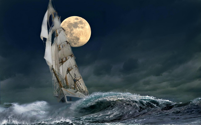 moon, full-moon, schooner, full, sailing, ocean, waves, 1080P