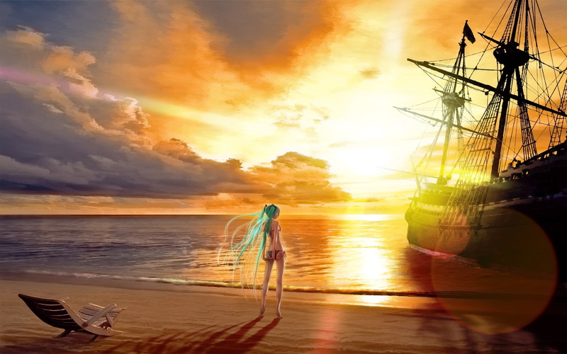 anime, schooner, miku, haired, green, beach, sunset, ship, cartoon/comic, hd, sail, character, 1080P, game, female, clouds