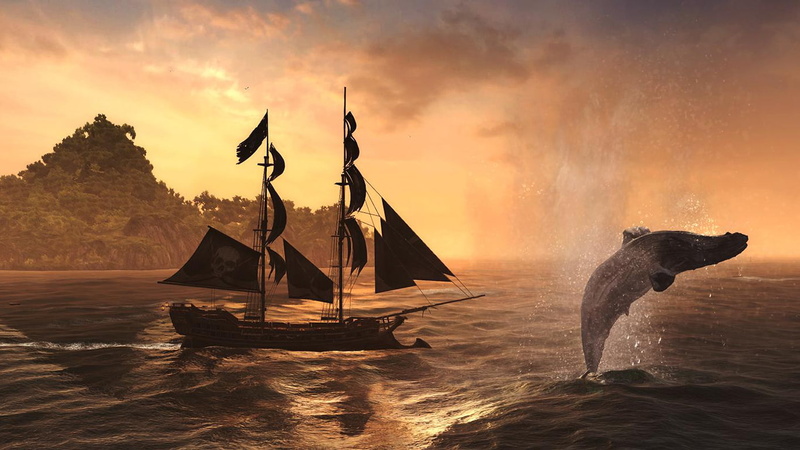 s, schooner, video games, hd, ship, battleship, 720P, sail, island, assassin, creed, ocean, whale, gray, brown