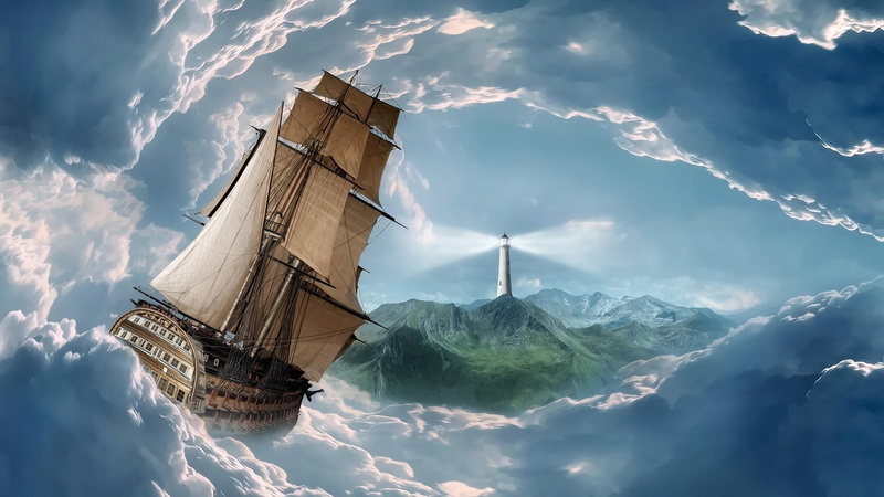building, sunlight, fantasy art, building exterior, lighthouse, cloud - sky, outdoors, cloud, no people, schooner, scenics - nature, day, travel, cold temperature