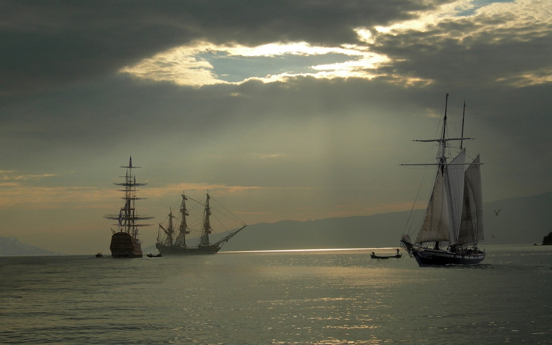 clouds, sea, schooner, coast, ocean, harbor, 1080P, shore, bay, sailing, sky