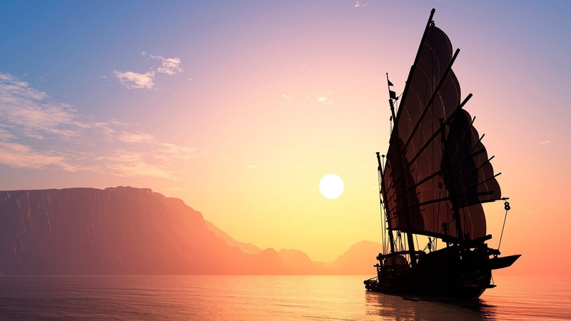 schooner, ship, ocean, horizon, sail, tranquil scene, sea, silhouette, sky, outdoors, passenger craft, no people, tranquility, mode of transportation, sailing ship