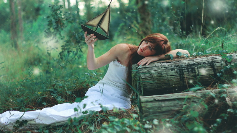 long hair, 1080P, outdoors, moss, relaxation, lying down, adult, freckles, young adult, women outdoors, miniatures, leaves, sailing ship, land, lifestyles