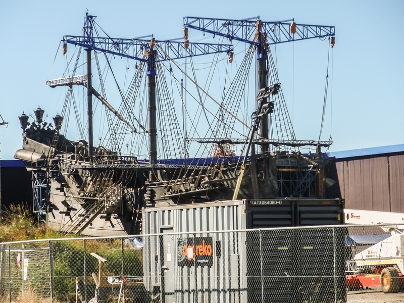 nature, outdoors, sailboat, fence, galleon, film set, building exterior, cinema, sky, pirate, 2K, boat, pirates of the caribbean, metal, industry, ship