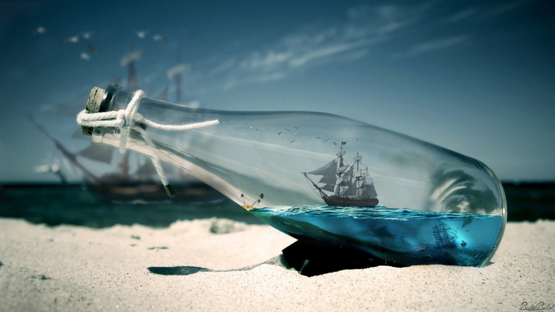 sand, photo manipulation, beach, thread, depth of field, sailing ship, digital art, bottles, old ship, macro, 1080P, sunset, ship, water