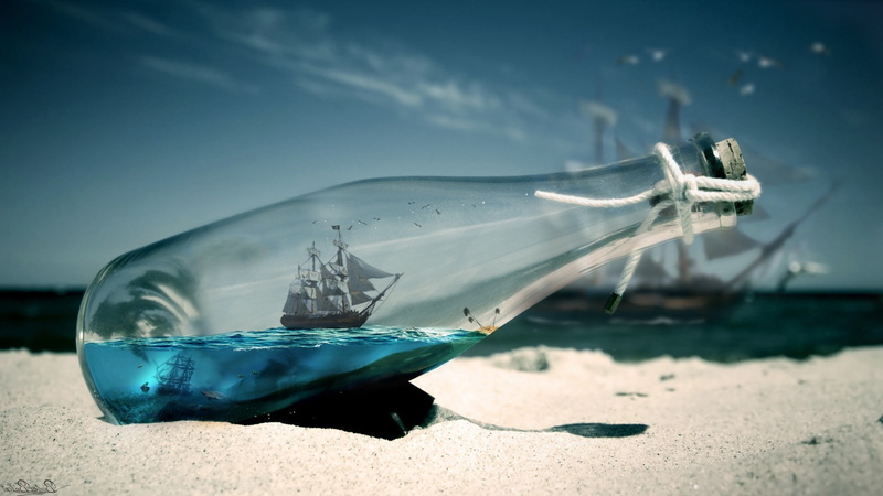 1080P, bottles, Photo Manipulation, water, Depth Of Field, ship, Thread, macro, sand, beach, Sailing Ship