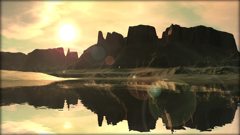 boost, sepia, symmetry, mood, fade effect, red, light, mountain, end, evening, waterfront, islands, 1080P, water ripple, sea, wave, 3d, body, lens flares