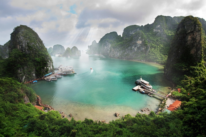 Vietnam, beach, sun rays, clouds, tropical, 1080P, forest, landscape, boat, photography, ship, rocks, island, sea, nature, Ha Long Bay