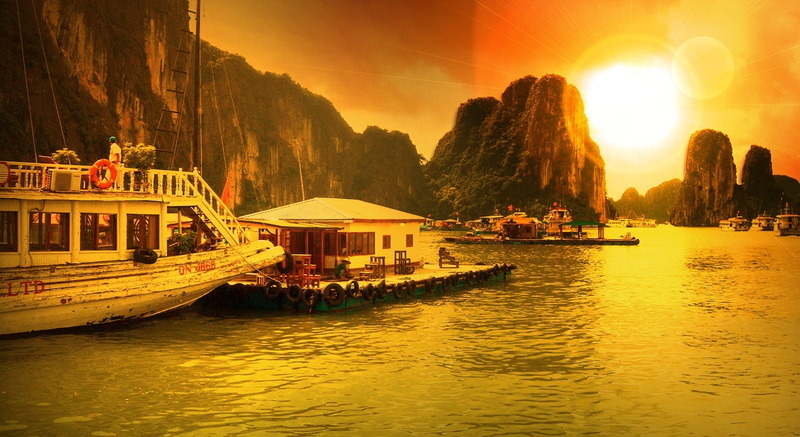 waterfront, tranquil scene, building exterior, long, boat, sun, vietnam, no people, mode of transportation, bay, scenics - nature, 720P, nautical vessel