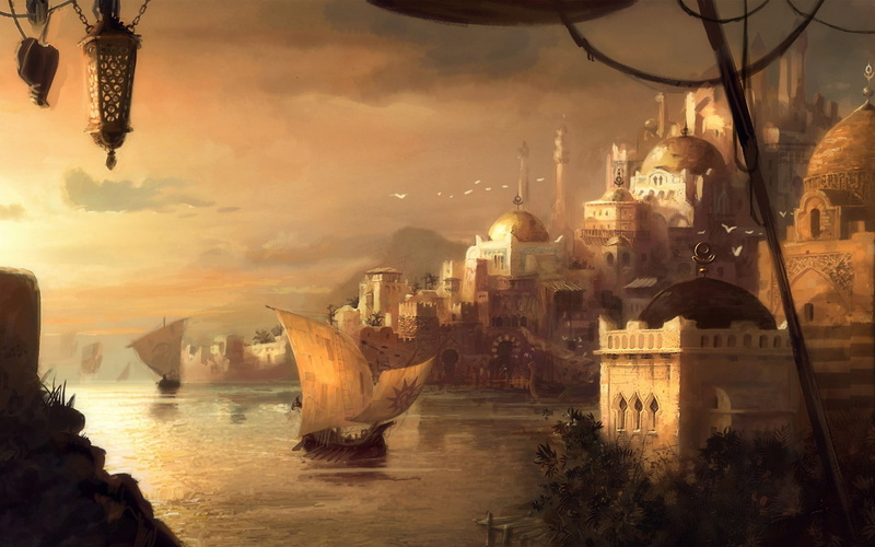 fantasy art, ship, sea, fantasy city, 720P, ports, city, sailing ship