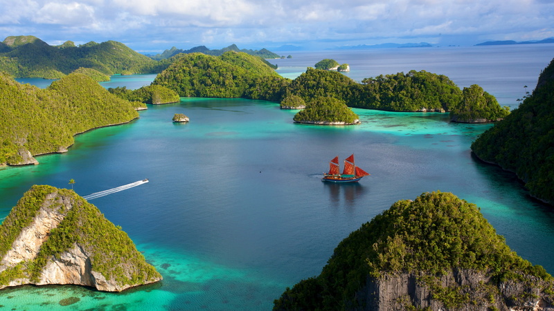 lake, clouds, Indonesia, 4k, sailing ship, Danau Toba, nature, ocean, 4K, sea, water, rocks
