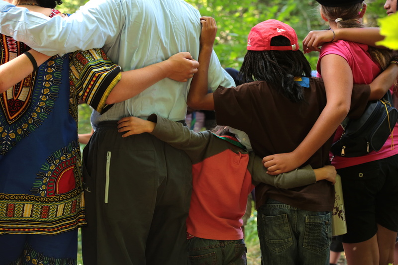 togetherness, scouting, women, group, rear view, hugging, 5K, scout, adults, standing, real people, traditional clothing, celebration, men, set, children