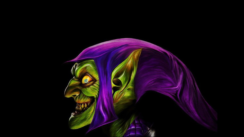 profile view, human body part, headshot, close-up, portrait, one person, side view, indoors, black background, copy space, hairstyle, Green Goblin, adult