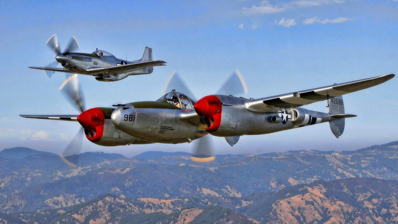 pair, lightning, cool, p-51, p-38, 1080P, airp, world, american, mustang, classic, north, p, lockheed, wwii