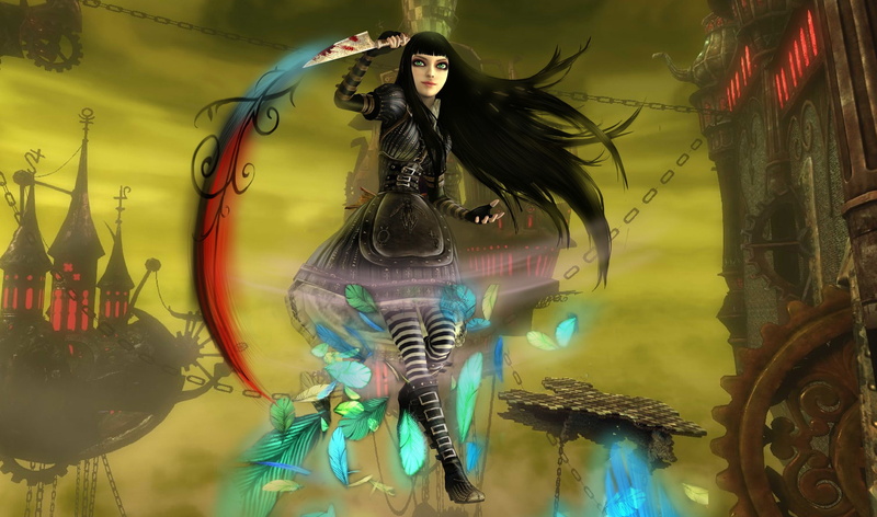 Alice Madness Returns, people, futuristic, long hair, real people, human Face, clothing, indoors, blood, transparent, spooky, feathers, casual clothing
