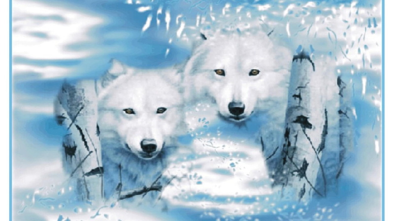 fantasy, pups, nature, animals, grey wolf, 3d and abstract, white wolf, 1080P, snow, frost, wildlife, tree, wolf