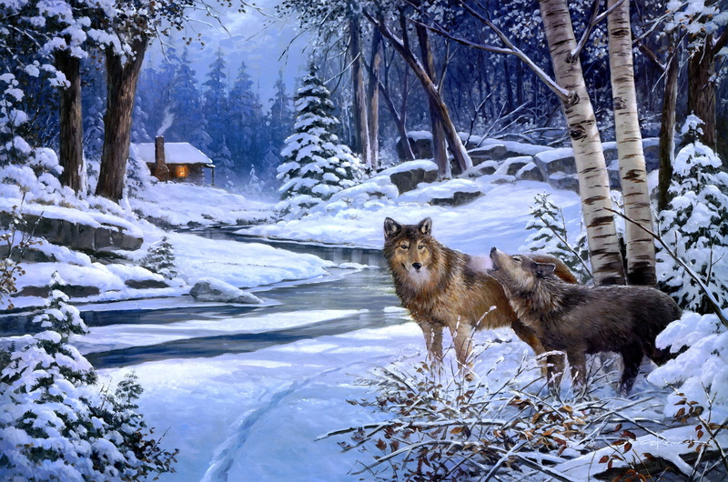 vertebrate, brown, fur, animal, hut, winter, arctic, mammal, no People, snowcapped mountain, wolves, cold - Temperature, land, the river house, painting