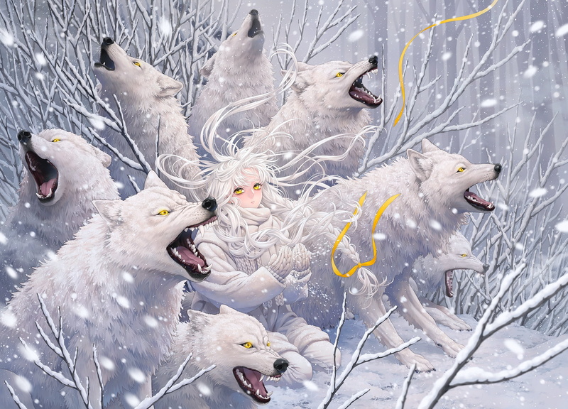 grin, baby, wolf howl, wool, fangs, yellow eyes, cold frost, mater, a pack of wolves, mouth, kneeling, 1080P, predators