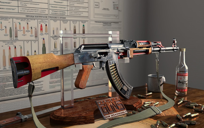 black, machinery, Alexander Iartsev, single Object, weapon, communication, choice, industry, table, vodka, chair, work Tool, automatic, AK 47, rendering