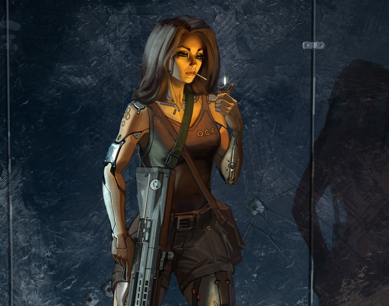 smokes, cigarette, cyborg, machine, lighter, girl, mercenary, 1080P