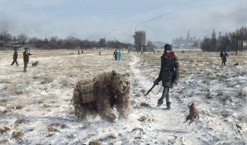 coat, Girl, sky, hat, war machines, fantasy art, snowy landscape, rifle, illustration, artwork, 1080P, bear, people, weapon, winter, animals, snow, fantasy