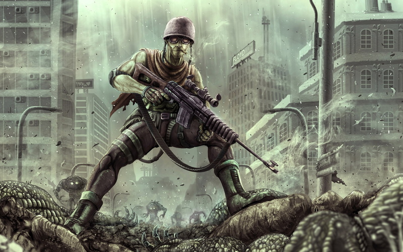 illustration, men, monsters, helmet, military, special forces, assault, gun, mercenary, the city, sign, protection, cigar, 1080P, Soldiers, gas mask, weapon
