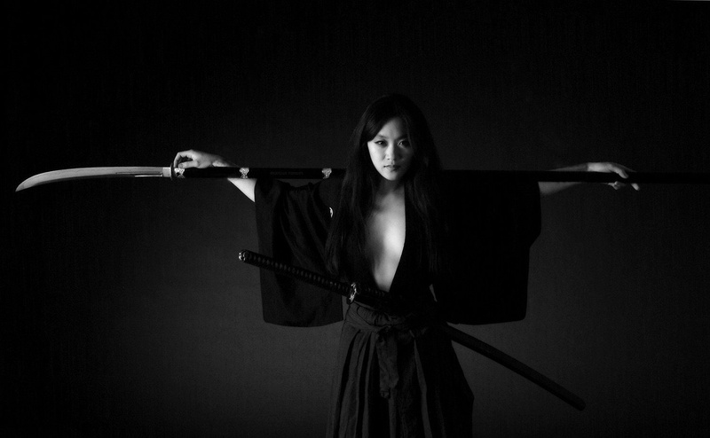 women, beauty, holding, one person, beautiful woman, adult, 720P, portrait, monochrome, fashion, females, martial arts, indoors, waist up, black background