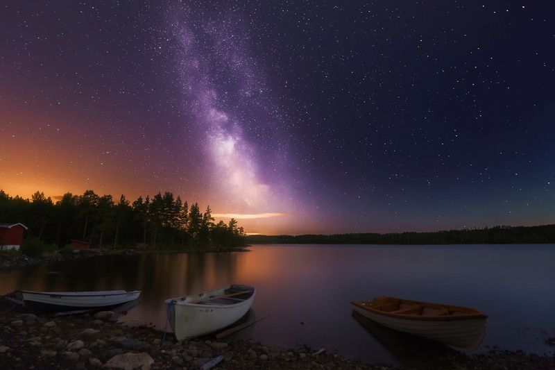 astronomy, scenics - nature, tree, Three of a Kind, boats, outdoors, nautical vessel, space, Norway, water, tranquil scene, no people, white, lake, star - space