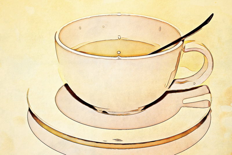 retro styled, teaspoon, cup, spawning, mint tea, illustration, studio shot, high angle view, mug, yellow, healthy eating, saucer, metal, ornate, wellbeing