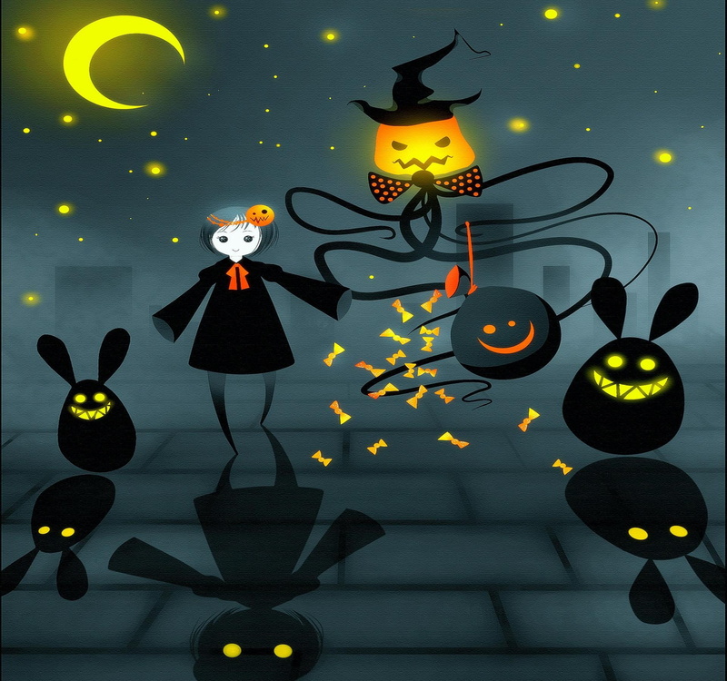 ghost, bunny, spooky, october-31st, funny, black, illustration, soul, halloween, 1080P, pumpkins, funny-in-halloween, holiday, drawings, digital-art