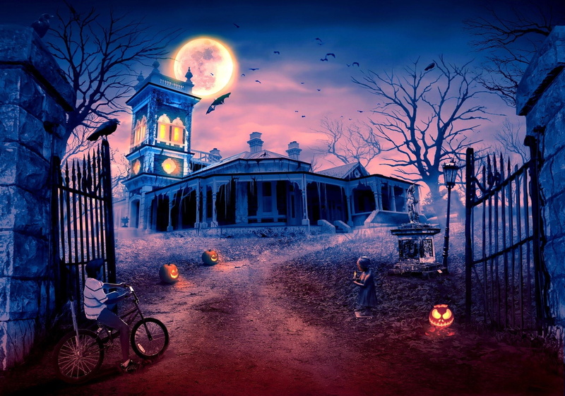 Scary, Little Girl, Holiday, Bat, Haunted House, Halloween, 1080P, Jack-o-lantern, Raven, Moon