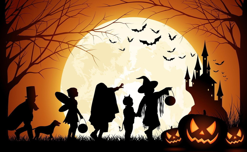 pumpkins, 1080P, illustration, moon, halloween, birds, trees, holiday, people