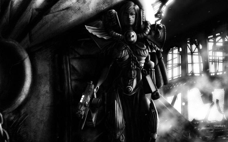 night, low angle view, illuminated, holding, built structure, shadow, sculpture, spirituality, woman, bolter, no people, smoke - physical structure, Adept Sororitas