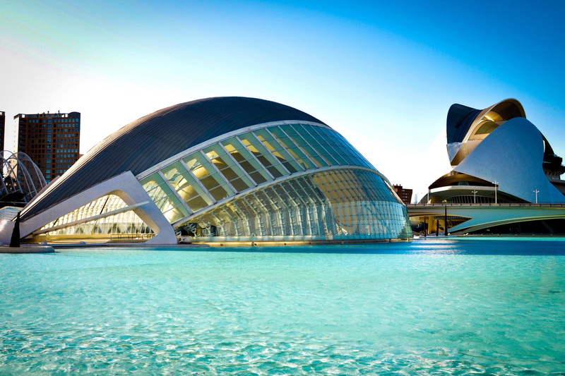 Spain, City of Arts and Sciences, city, river, Valencia, building, architecture, water, bridge, 1080P, blue