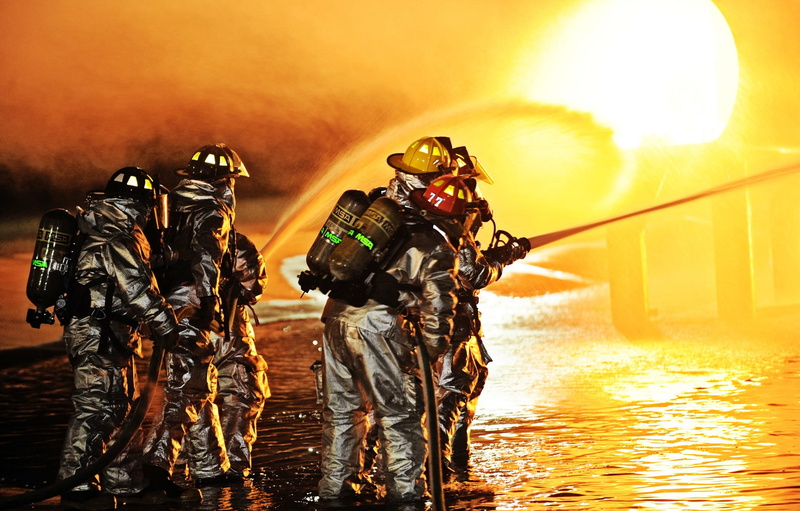 Firemen, nature, special forces, fire, reflections, water, clothing, safety, weapon, 1080P, accidents and disasters, military, men, occupation, people