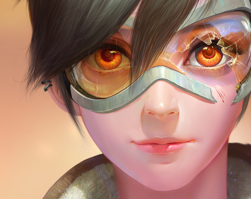 look, glasses, girl, Tracer, piercing, overwatch, eyes, blizzard, lena oxton, 1080P, art
