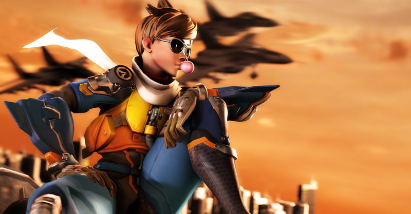 gum, Tracer, 4K, lena oxton, glasses, girl, Overwatch, the plane, rendering, costume, bubble