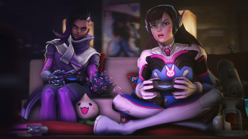 full length, sombra, Games, indoors, human representation, two people, young women, d.va, sitting, clothing, front view, focus on foreground, playing video games
