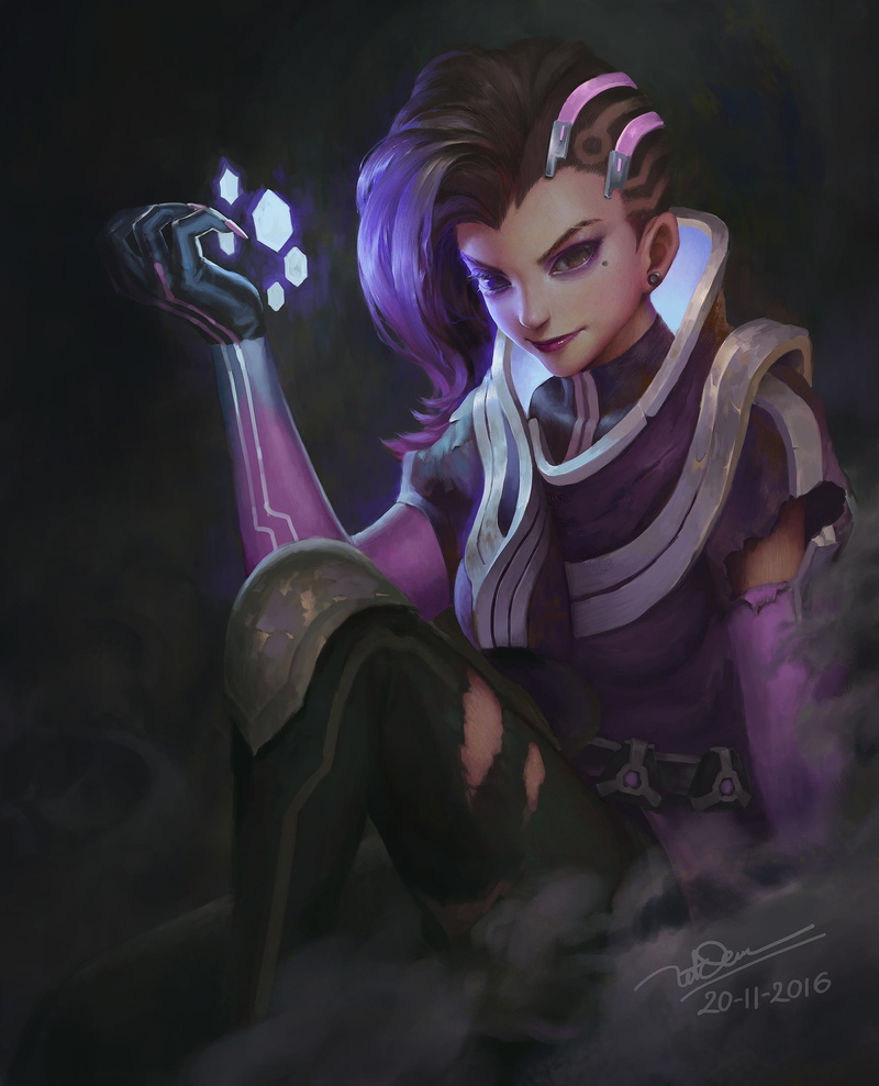 young women, looking at camera, purple, hair, clothing, dark, adult, hairstyle, holding, make-up, va, Sombra (Overwatch), dyed hair, young adult, one person