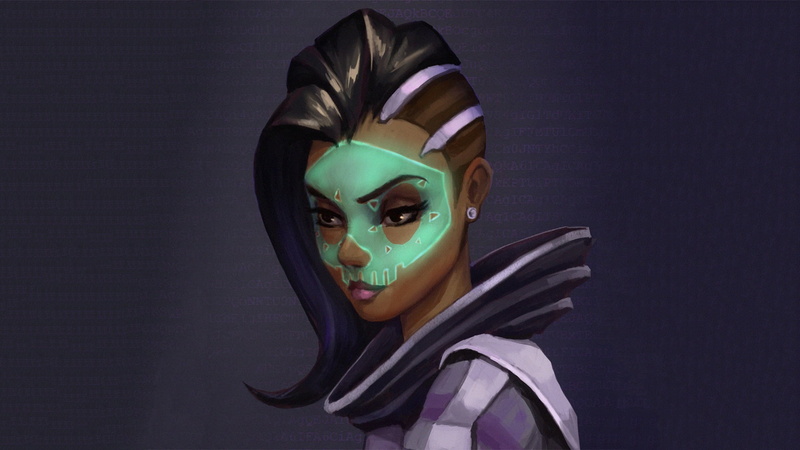 close-up, 1080P, human face, Overwatch, Sombra (Overwatch), front view, unrecognizable person, obscured face, digital, indoors, paint, women, adult, costume
