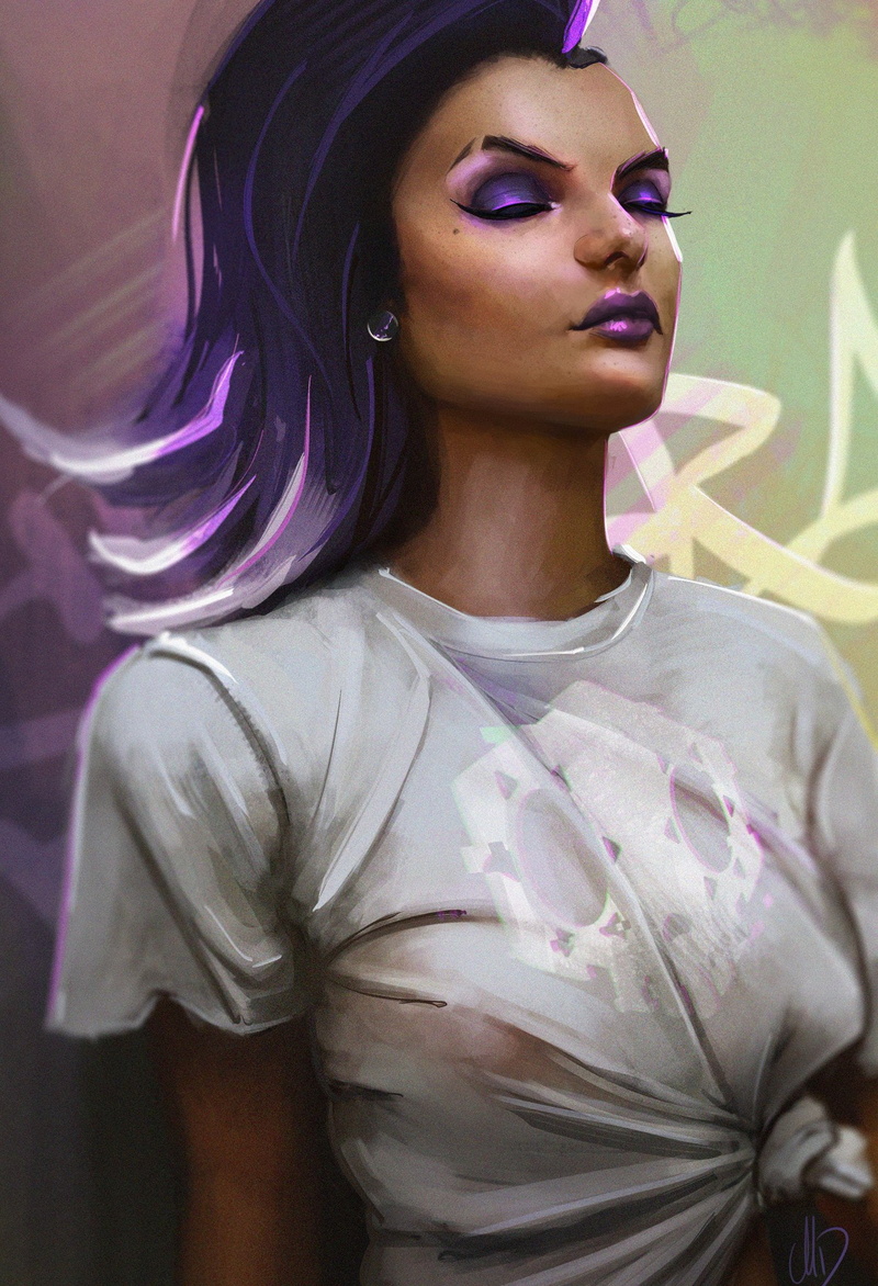 casual clothing, hair, adult, contemplation, purple, modern, waist up, Sombra, fashion, beautiful woman, hairstyle, 1080P, beauty, Sombra (Overwatch)