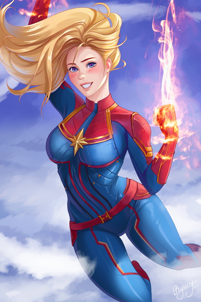smiling, Prywinko, portrait display, superheroines, Marvel Comics, drawing, fan art, the gap, blue eyes, Captain Marvel, illustration, artwork, flying