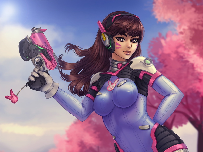 girl, Overwatch, D.Va, art, gun, 2K, hana song, chest