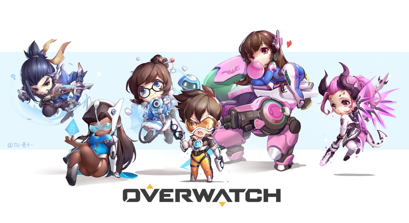 short hair, chibi, tail, headphone, tattoo, horns, anime girls, Hanzo Shimada, gun, Mercy (Overwatch), D.Va (Overwatch), Tracer (Overwatch), bodysuit, brown eyes
