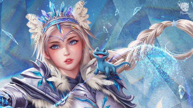snow flakes, gems, magician, braids, Elsa, women, crown, cute smile, tiaras, drawing, ice, hair accessories, armor, Frozen (movie), Prywinko, spell, blue eyes