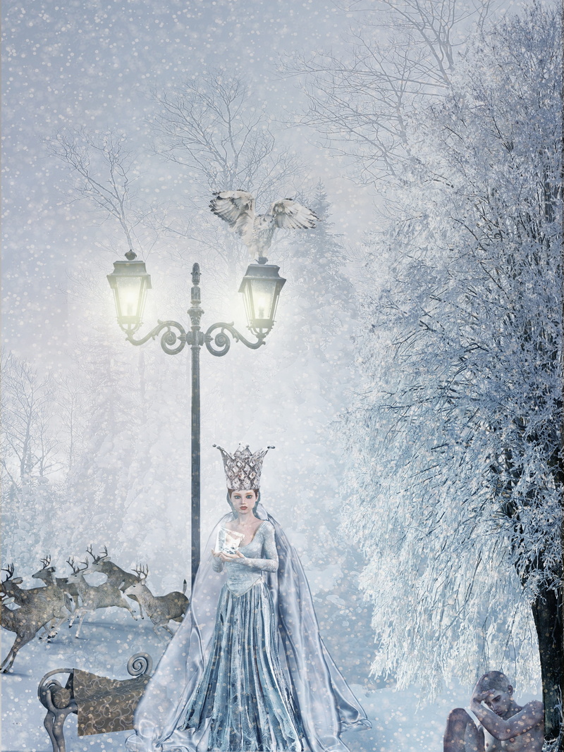 cross, antique, fairy tales, snow queen, crown, human representation, street light, forest, 4K, creativity, snow, composing, nature, sculpture, lighting