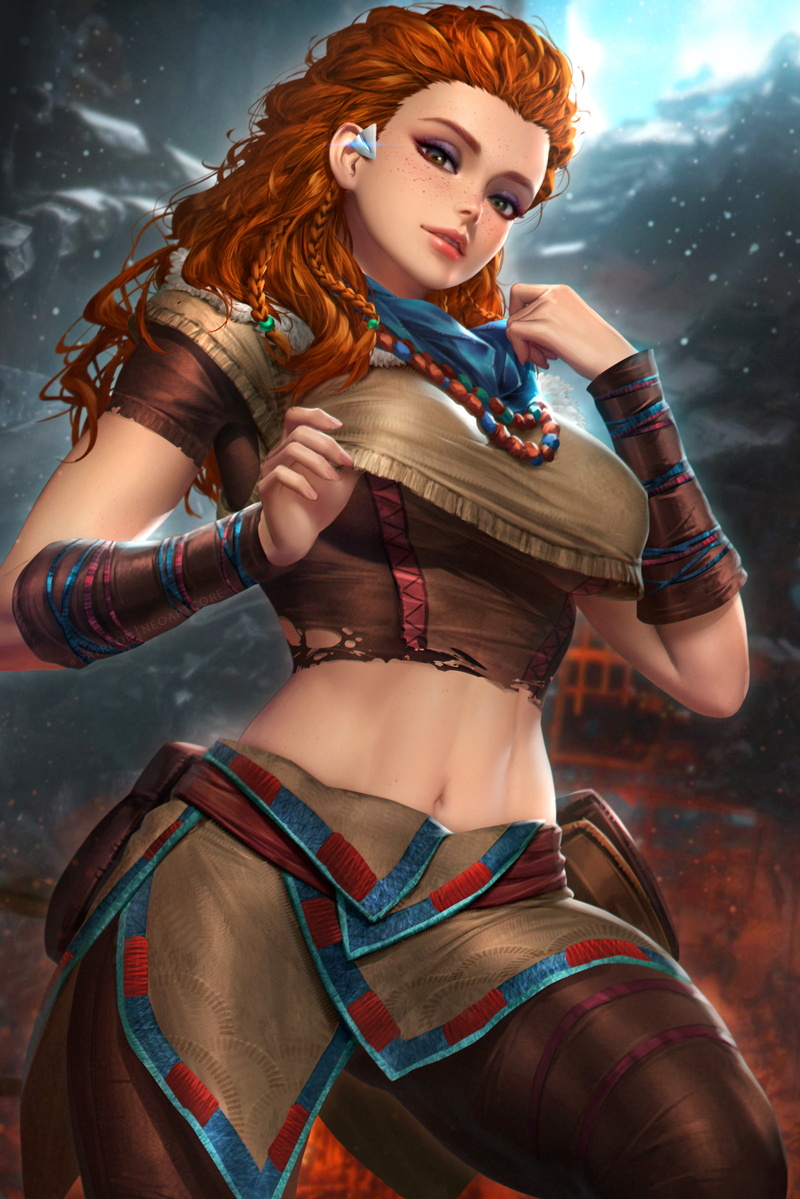 braided hair, looking at viewer, 2K, artwork, redhead, video game characters, crop top, arm warmers, video game girls, video games, green eyes, freckles