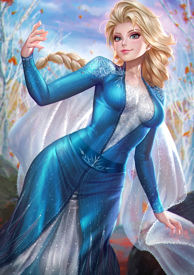 blonde, dress, wavy hair, NeoArtCorE (artist), cape, Elsa, drawing, freckles, eyeshadow, makeup, long hair, Frozen (movie), blue clothing, 720P, blue eyes