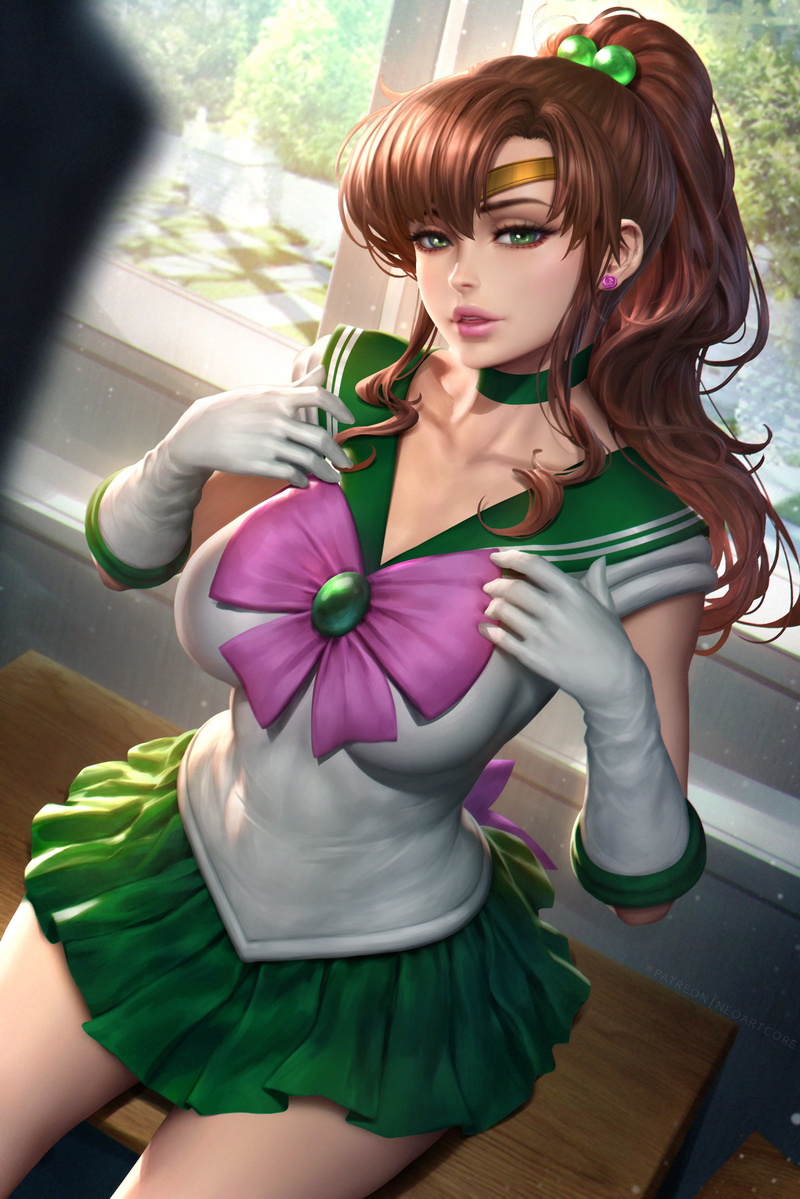 green eyes, sitting, sailor uniform, NeoArtCorE (artist), desk, looking at viewer, brunette, choker, artwork, illustration, bangs, Sailor Jupiter, ponytail
