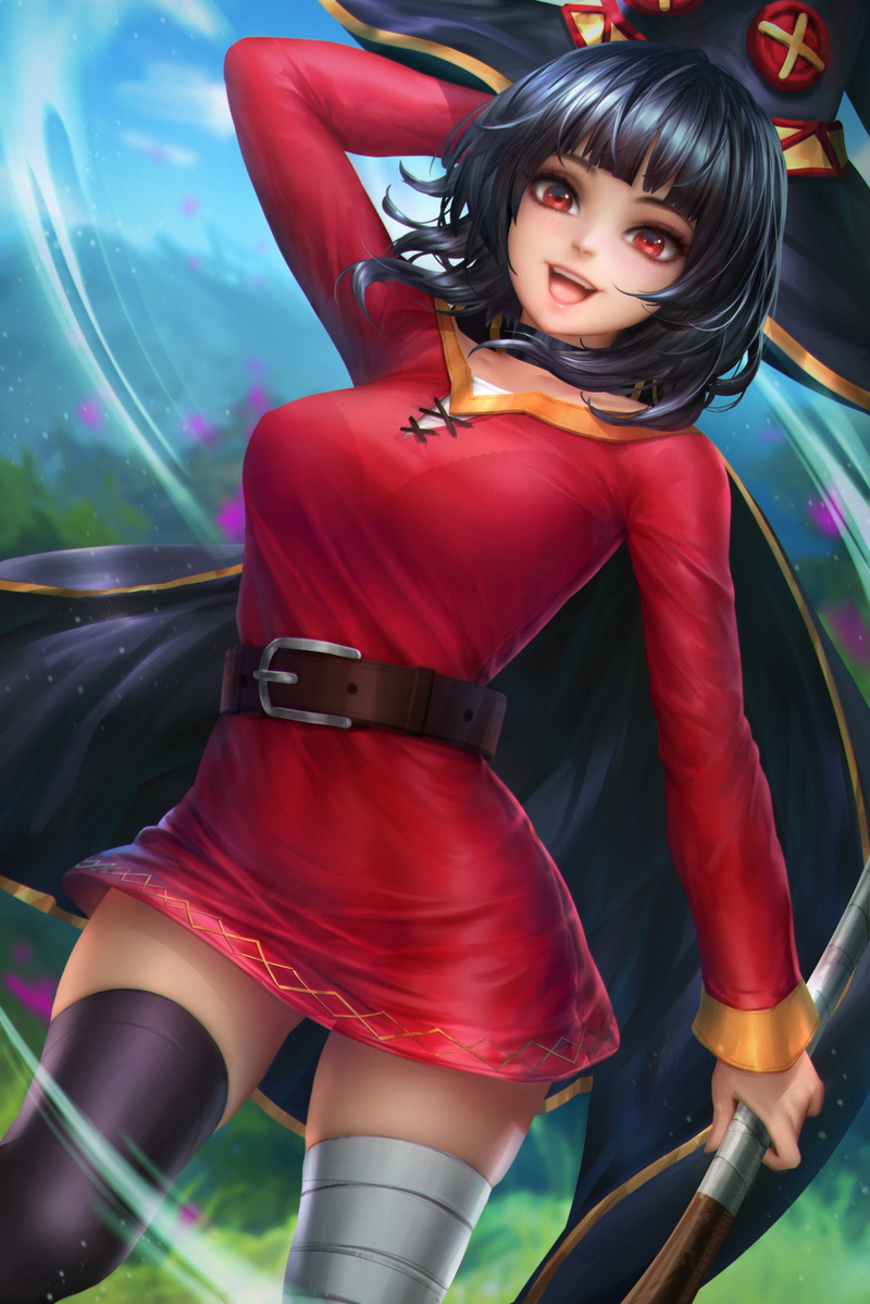anime, illustration, Megumin (KonoSuba), drawing, digital art, 2K, fan art, artwork, fantasy girl, Kono Subarashii Sekai ni Shukufuku wo!, bangs, NeoArtCorE (artist)